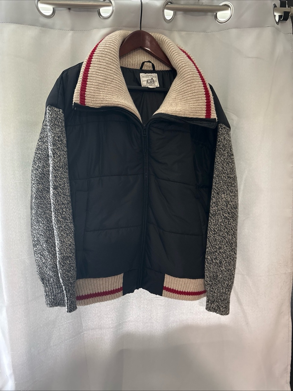 Roots Black Bomber Jacket with Cream and Red Trim